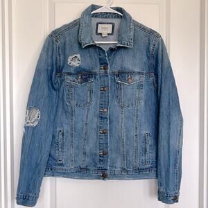 Forever 21‎ Women’s Blue Medium Wash Distressed Button Up Denim Jacket Size L